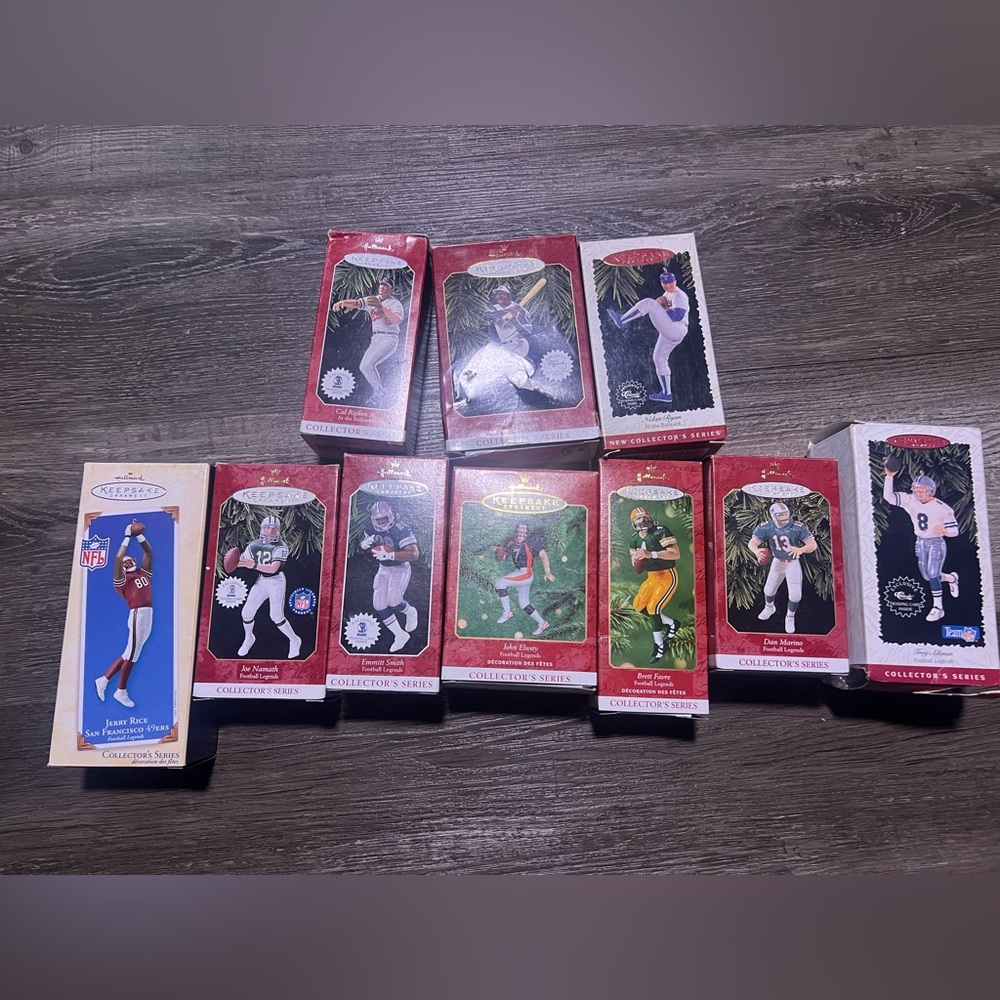 Lot of 10 keepsake hallmark football and baseball ornaments PLEASE READ DESCRIP.